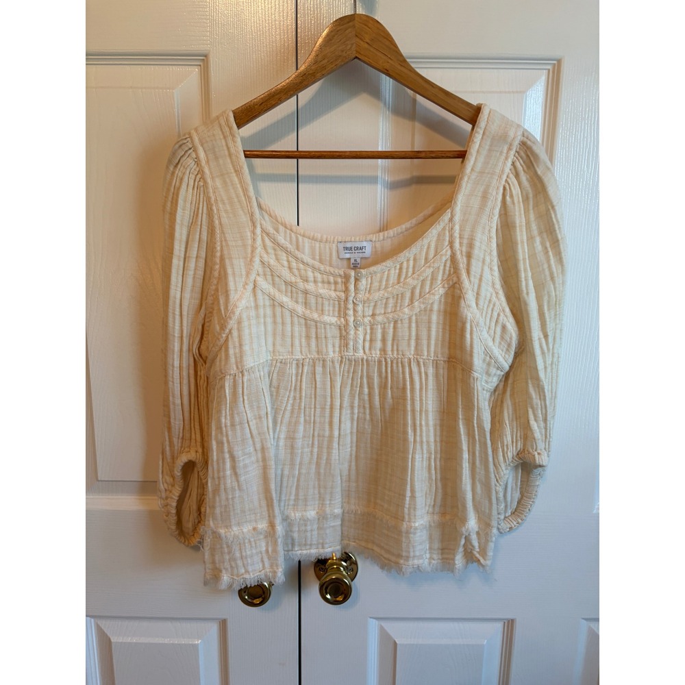 True Craft Womens XL Cream Cotton Gauze Peasant Blouse Square Neck Boho Top